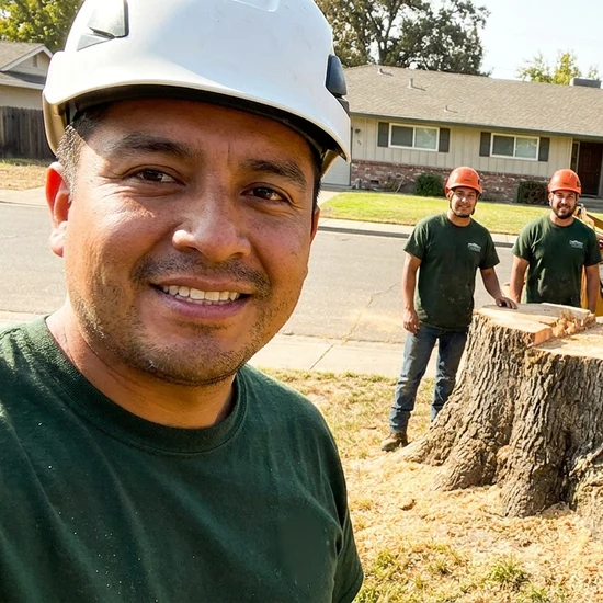 Smiling Q&T Services LLC crew selfie after removing a large oak in Tucson