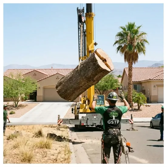 Crane lowering a tree section during a Tucson removal